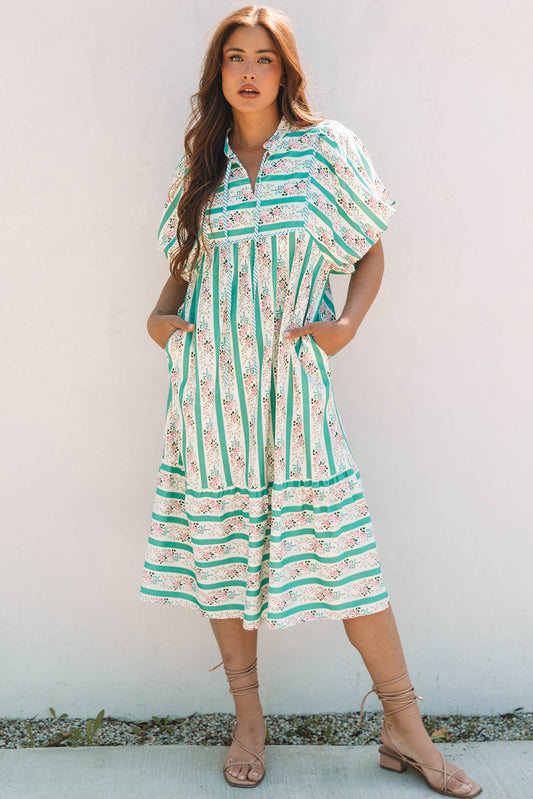 Billie Striped Floral Tie Split Neck Puff Sleeve Midi Dress