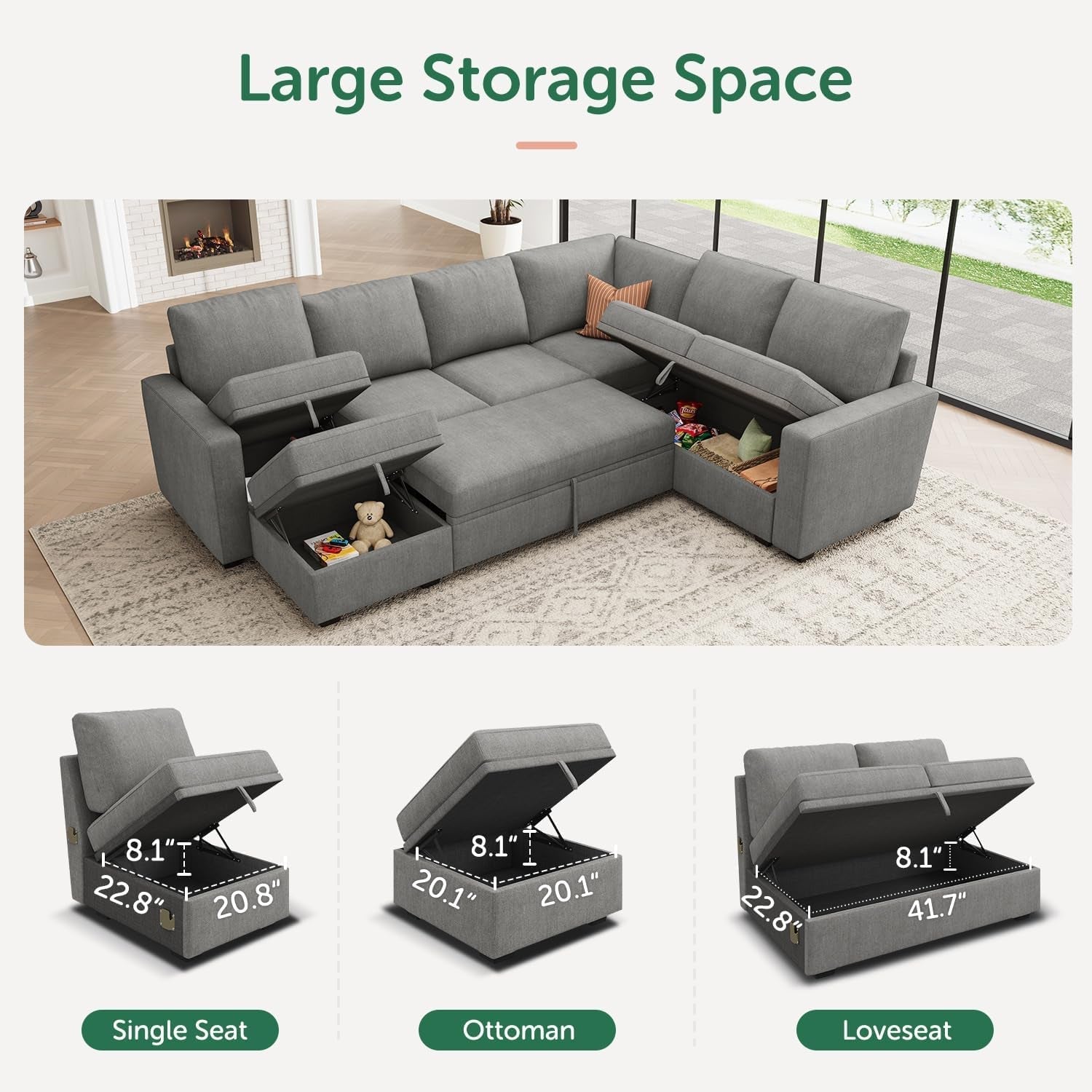 Modular Sectional Sleeper Sofa U Shaped Warm Grey Set ShipItFurniture