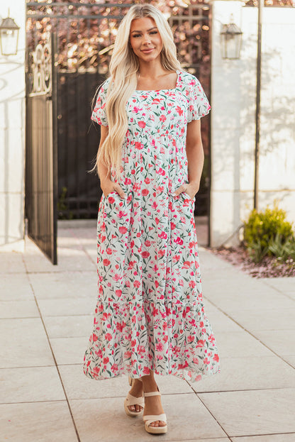 Molly Floral Square Neck Empire Waist Tiered Maxi Dress