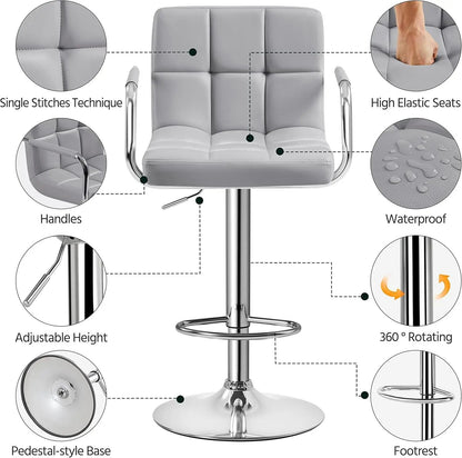 Modern Bar Stools Set of 2 Swivel Kitchen Stool Height Adjustable Square Counter Stool with Back&Armrest PU Leather Stool, Light Grey-4
