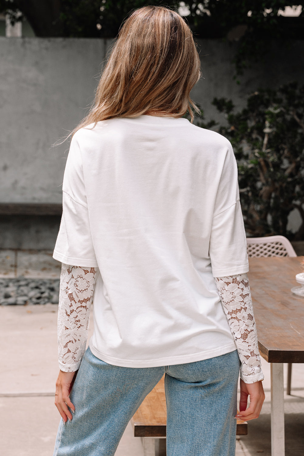 Hallie Lace Long Sleeve Insert Drop Shoulder Top Threaded Pear