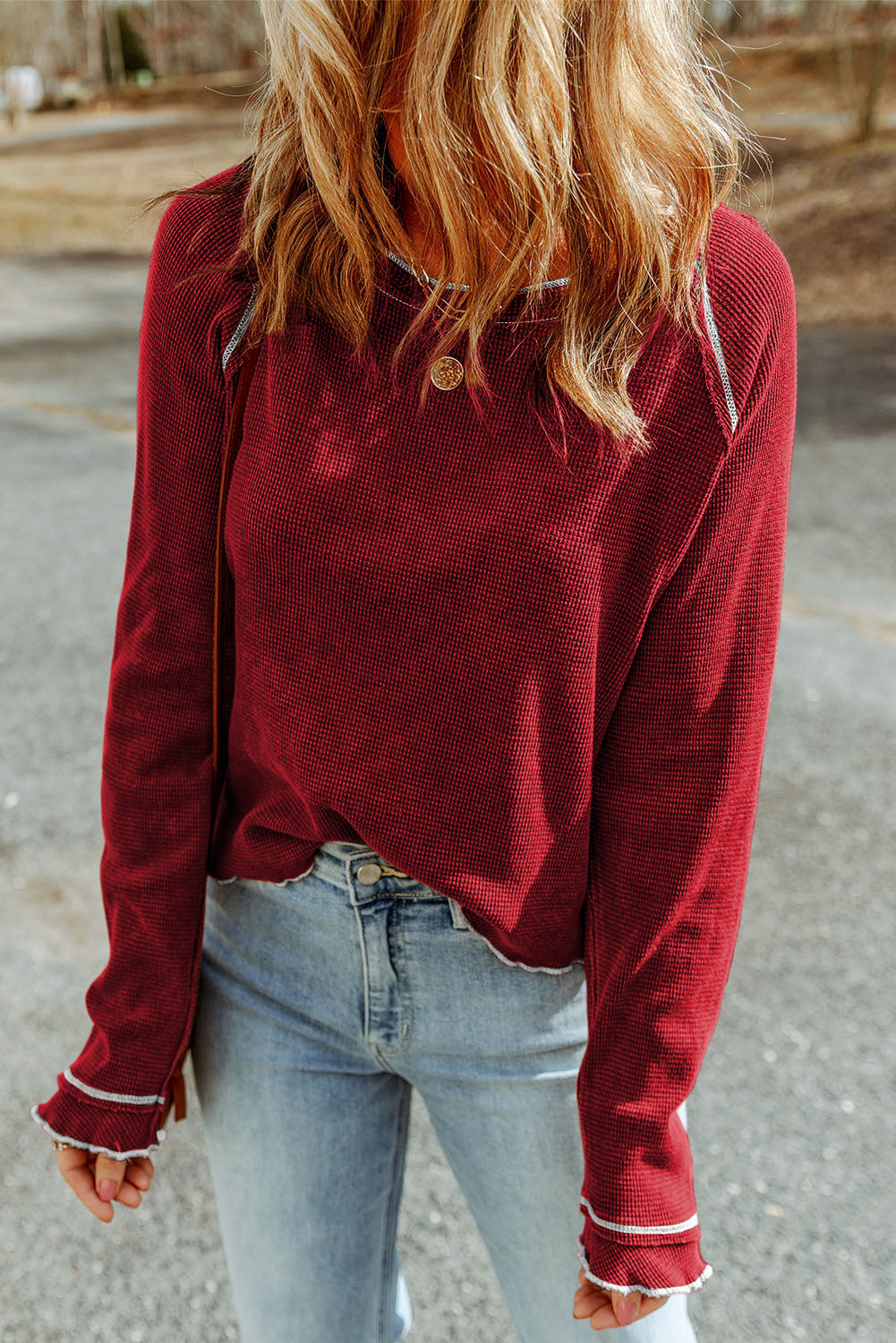Daisy Textured Round Neck Long Sleeve Top Threaded Pear