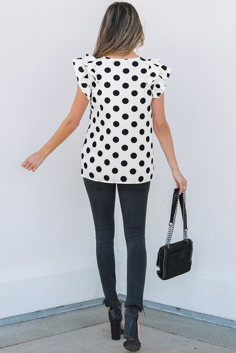 Halo Polka Dot Ruffled Sleeve V Neck Blouse