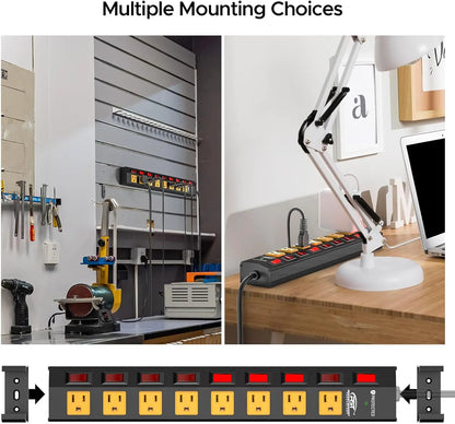 CRST 8 Outlet Metal Surge Protector Power Strip with Individual Switches, 15A Circuit Breaker 1200 Joules Protection 6FT Extension Cord and Mountable Kits Included - Get it from Bo