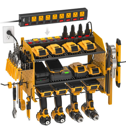3 Layers Power Tool Organizer Wall Mount with Charging Station, Garage Tool Storage Rack Shelf with 8-Outlet Individual Switches Power Strip Rocket Socket Technology
