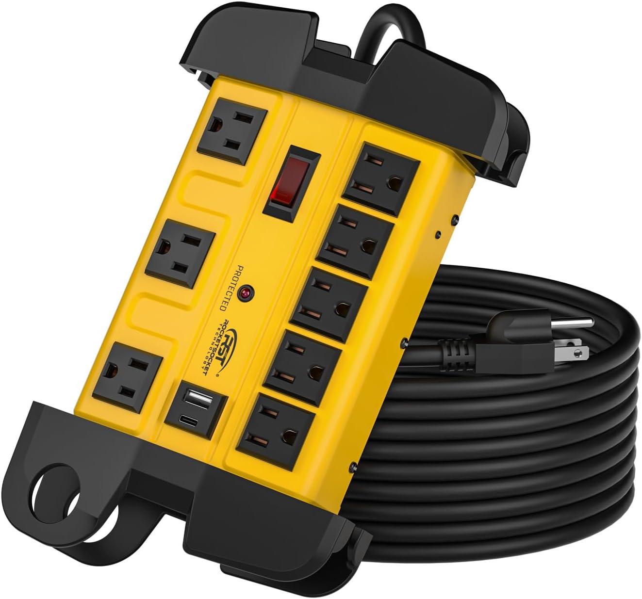 CRST Heavy Duty Surge Protector Power Strip with USB-C Port 8-Outlet Wider Spaced Mountable Metal Power Bar with Long Extension Cord 15A Circuit Breaker 1350 Joules Protection Rocket Socket Technology