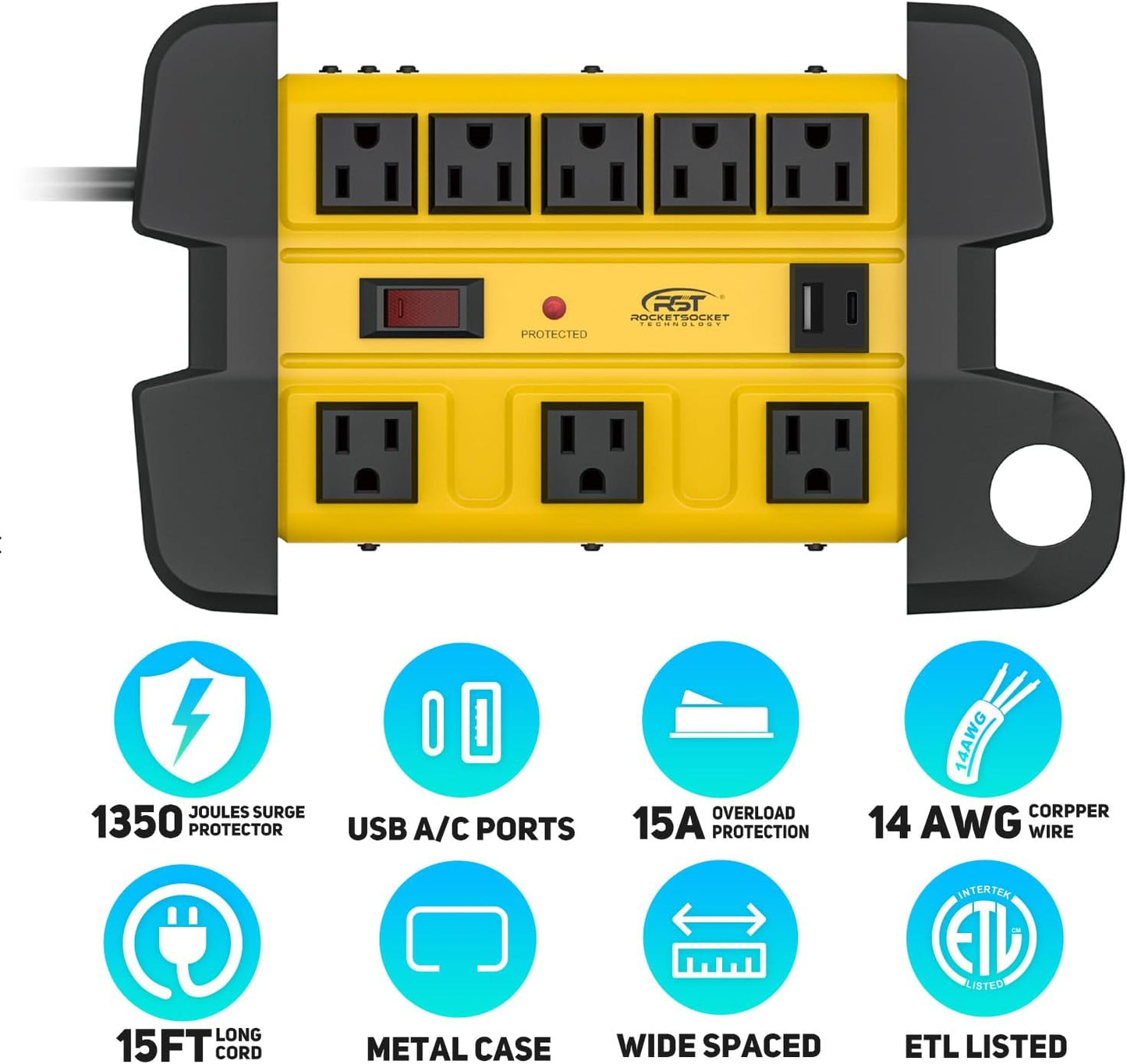 CRST Heavy Duty Surge Protector Power Strip with USB-C Port 8-Outlet Wider Spaced Mountable Metal Power Bar with Long Extension Cord 15A Circuit Breaker 1350 Joules Protection Rocket Socket Technology