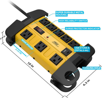 CRST Heavy Duty Surge Protector Power Strip with USB-C Port 8-Outlet Wider Spaced Mountable Metal Power Bar with Long Extension Cord 15A Circuit Breaker 1350 Joules Protection Rocket Socket Technology