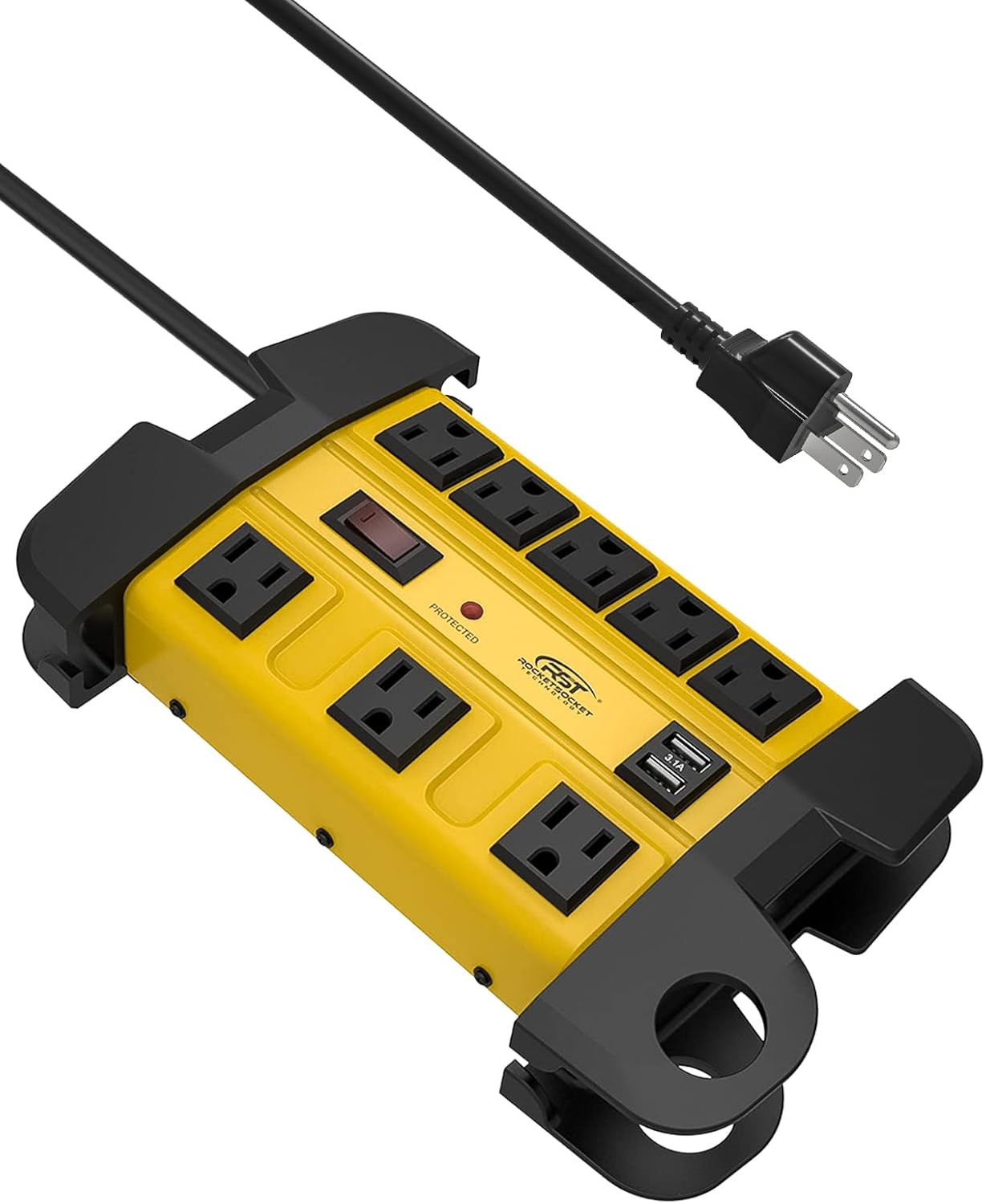 CRST 8 Outlets Dural USB Mountable Metal Power Strip Surge Protector with Cord Wrapping Design, Optional 15FT or 6FT Power Cord Rocket Socket Technology