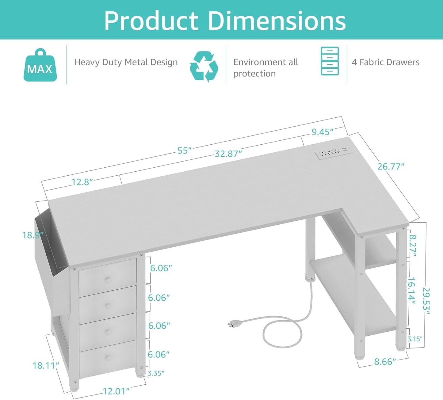 White L Shaped Desk 55 Inch With Power Outlet And Storage ShipItFurniture