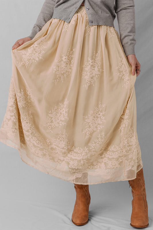 Vivienne Embroidered Mesh Overlay Long Skirt Threaded Pear