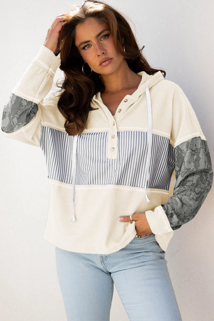 Taytum Patchwork Drawstring Hooded Long Sleeve Top