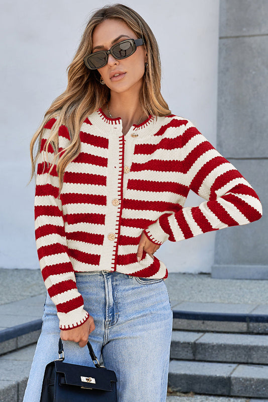 Rylee Stripe Button Cardigan Sweater Threaded Pear