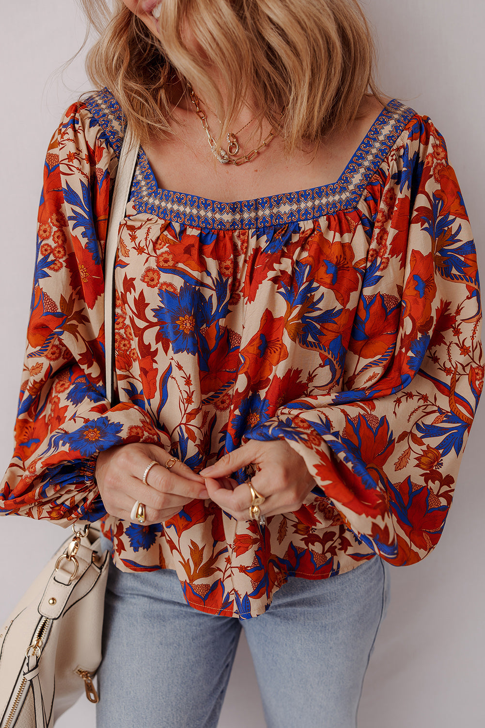 Adeline Floral Print Square Neck Backless Loose Fit Blouse Threaded Pear
