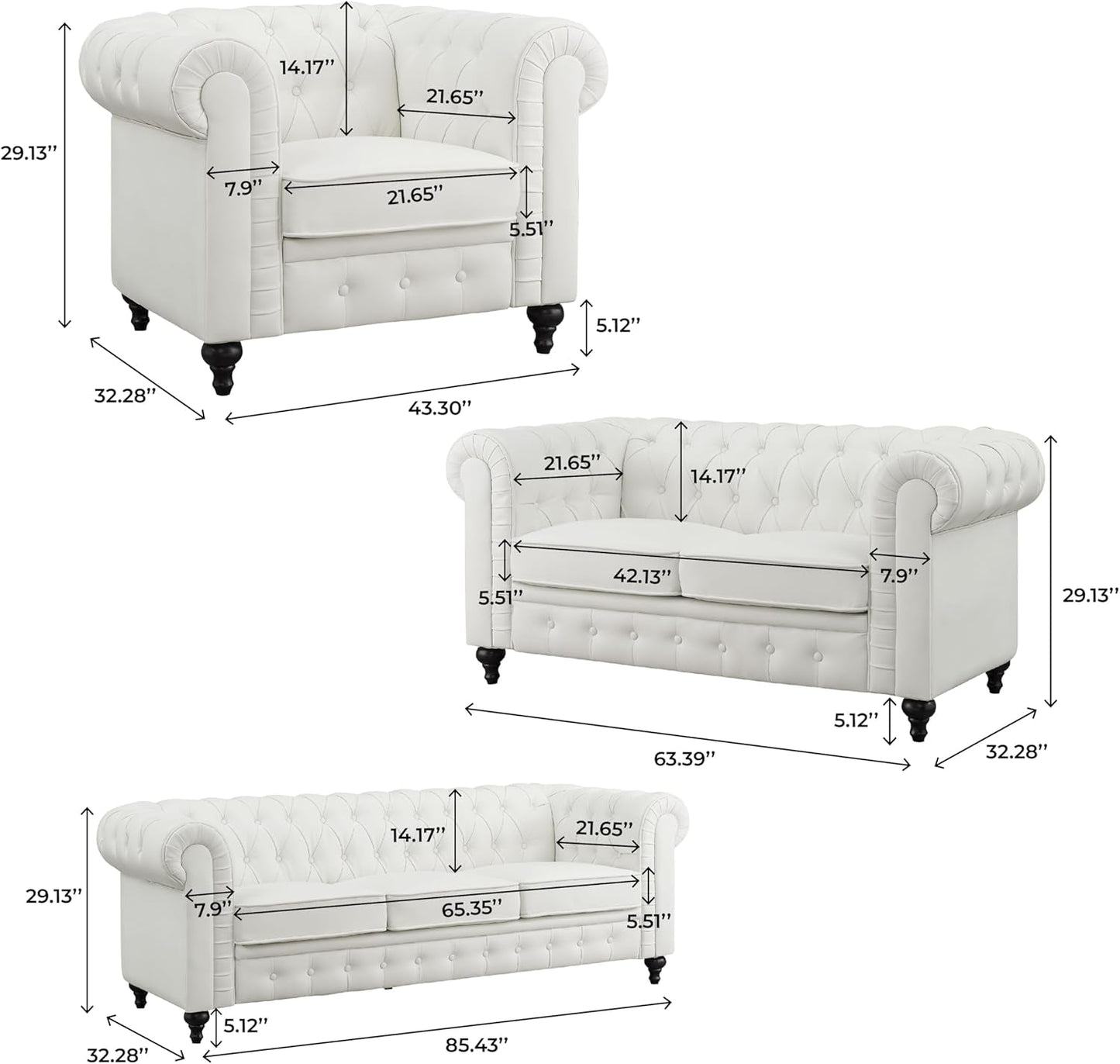 Emery Chesterfield 3 Piece Sectional Sofa Set Off White ShipItFurniture