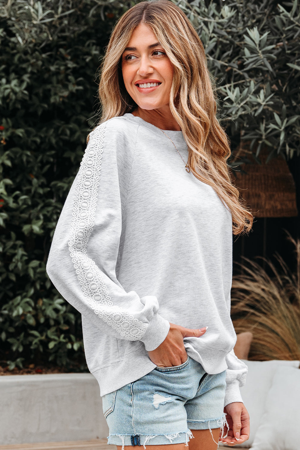 Peyton Lace Patchwork Raglan Sleeve Crew Neck Sweatshirt Threaded Pear