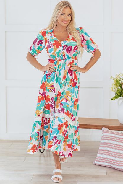 Sky Floral Knot Puff Sleeve Buttoned Front Maxi Dress