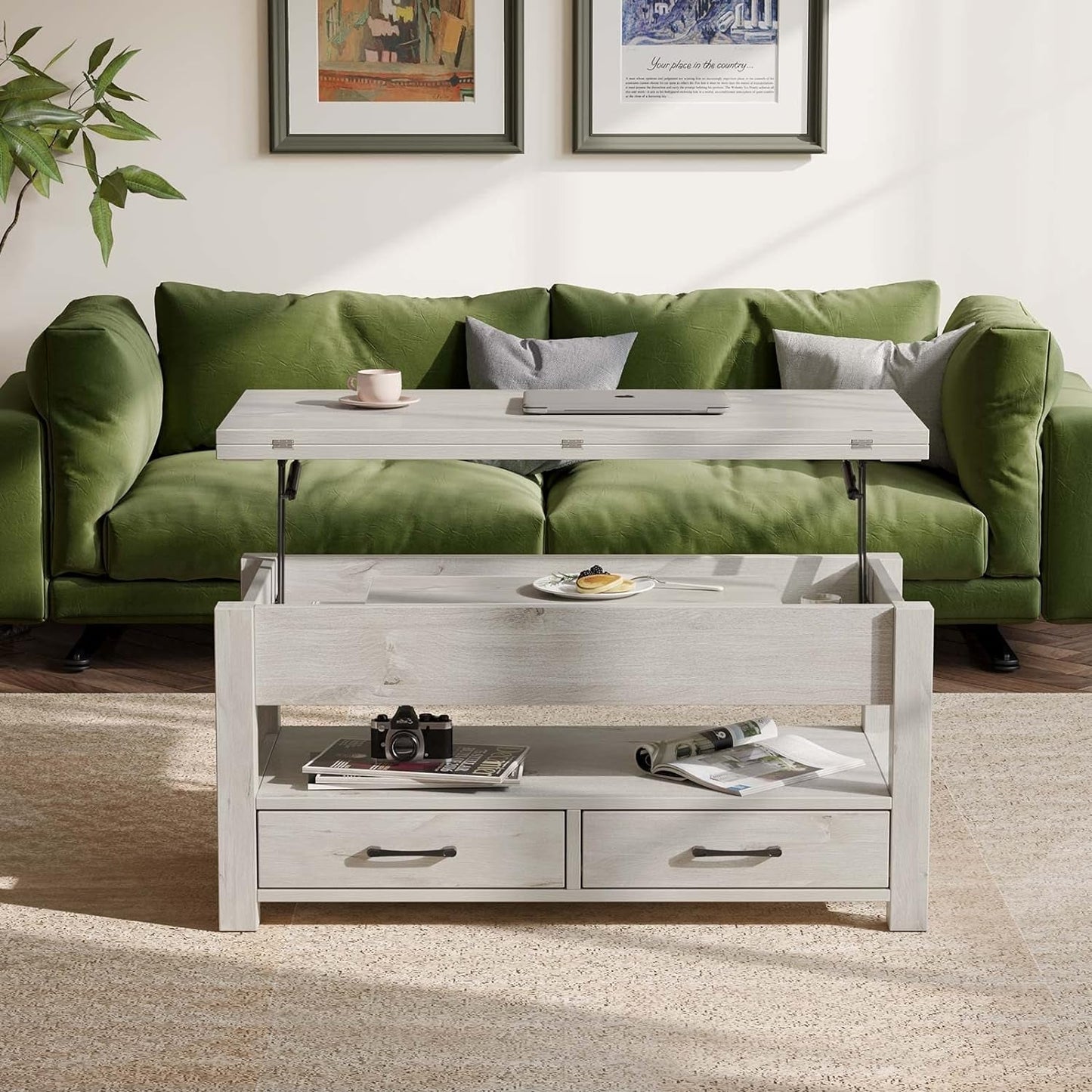 Grey Lift Top Coffee Table With Drawers Hidden Compartment ShipItFurniture