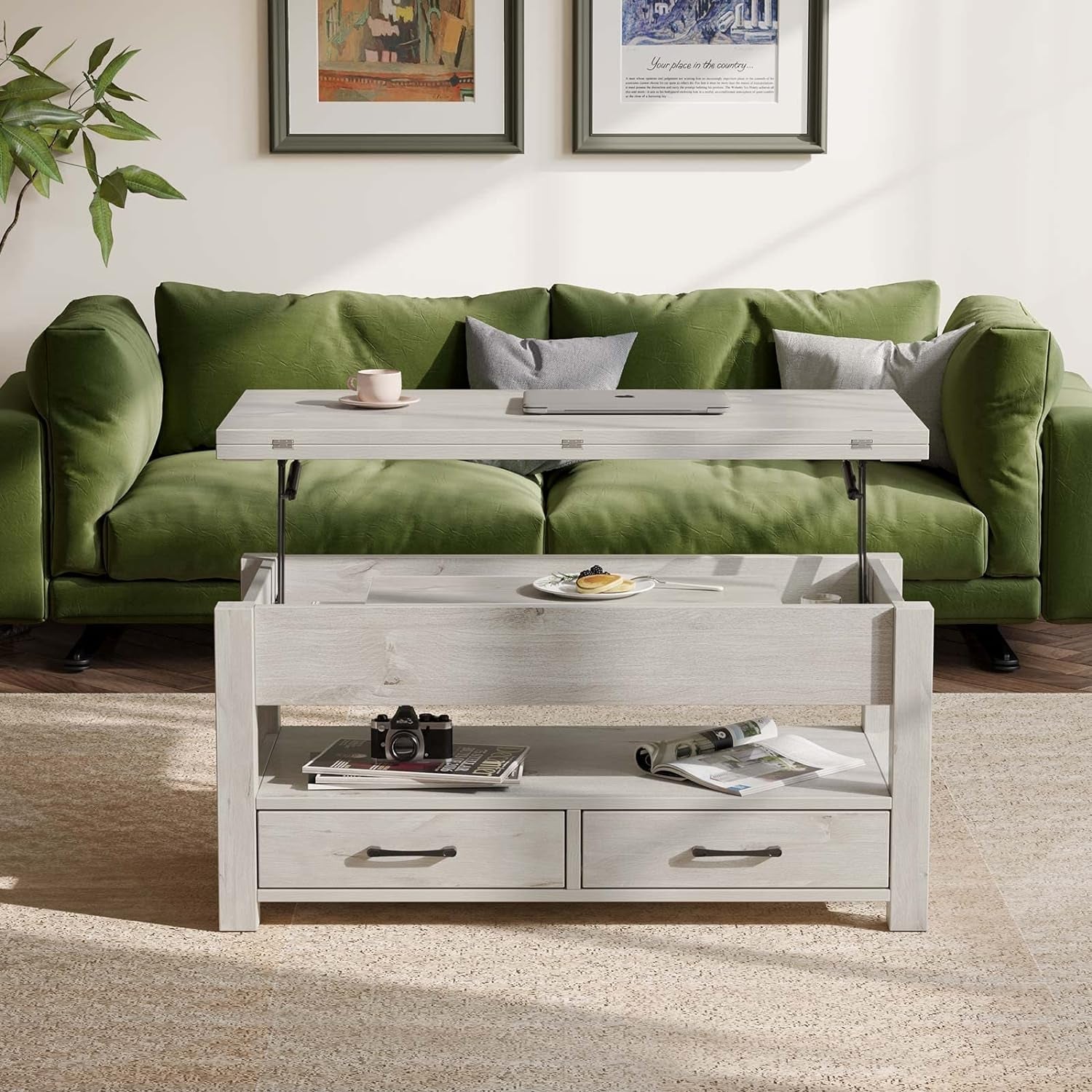 Grey Lift Top Coffee Table With Drawers Hidden Compartment ShipItFurniture