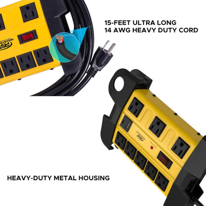 CRST Heavy Duty Surge Protector Power Strip with USB-C Port 8-Outlet Wider Spaced Mountable Metal Power Bar with Long Extension Cord 15A Circuit Breaker 1350 Joules Protection Rocket Socket Technology