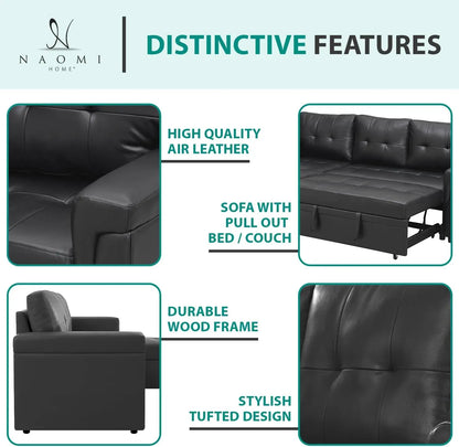 Jenny Sectional Sleeper Sofa With Storage Chaise In Black Air Leather ShipItFurniture