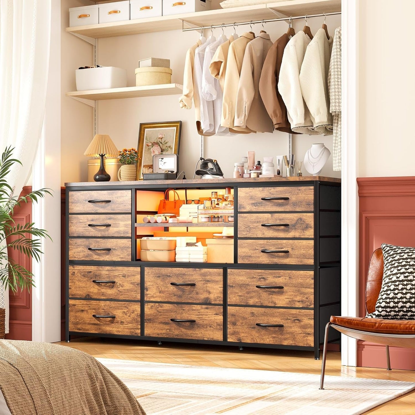 Dresser with LED Lights & Power Outlets, 12 Drawers Dresser TV Stand for 60''TV for Bedroom Dresser Fabric Dressers & Chest of Drawers, Sturdy Long Dresser for Closet Living Room,Hallway ShipItFurniture
