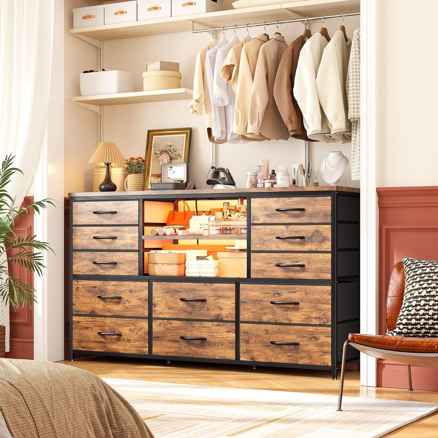 Dresser with LED Lights & Power Outlets, 12 Drawers Dresser TV Stand for 60''TV for Bedroom Dresser Fabric Dressers & Chest of Drawers, Sturdy Long Dresser for Closet Living Room,Hallway ShipItFurniture