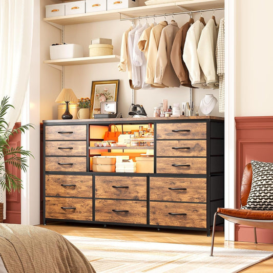 Dresser with LED Lights & Power Outlets, 12 Drawers Dresser TV Stand for 60''TV for Bedroom Dresser Fabric Dressers & Chest of Drawers, Sturdy Long Dresser for Closet Living Room,Hallway ShipItFurniture