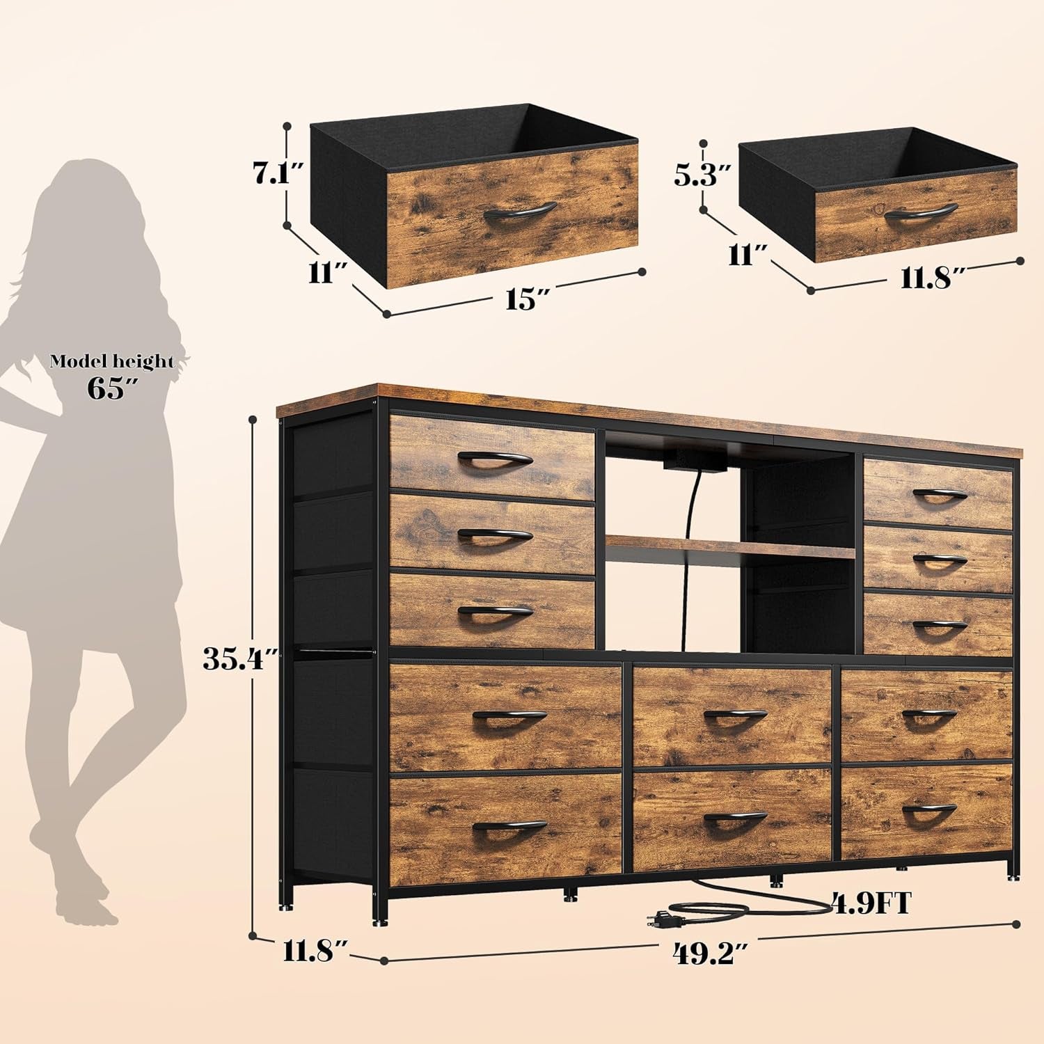 Dresser with LED Lights & Power Outlets, 12 Drawers Dresser TV Stand for 60''TV for Bedroom Dresser Fabric Dressers & Chest of Drawers, Sturdy Long Dresser for Closet Living Room,Hallway ShipItFurniture