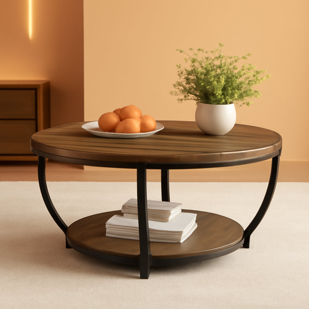 Round Coffee Table 31.7Inches Rustic Brown Storage ShipItFurniture