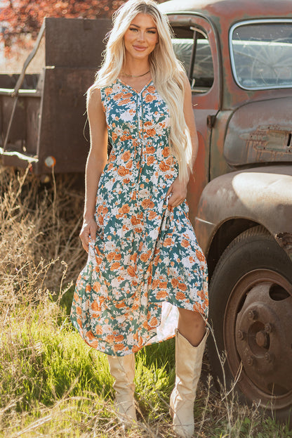 Kara Floral Tie Waist Sleeveless Holiday Long Dress