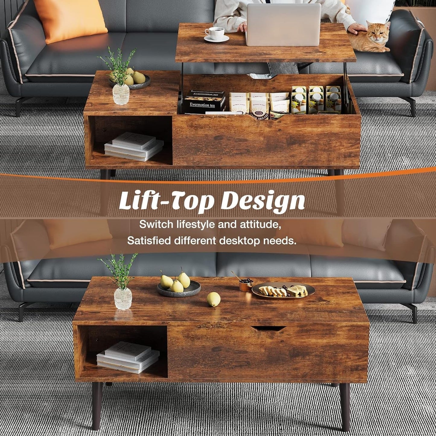 Brown Lift Top Coffee Table With Storage And Hidden Compartment ShipItFurniture