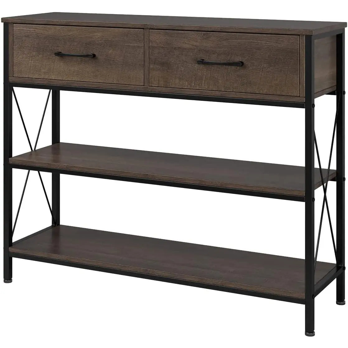 Industrial Dark Brown Sofa Table With Drawers And Shelves-1