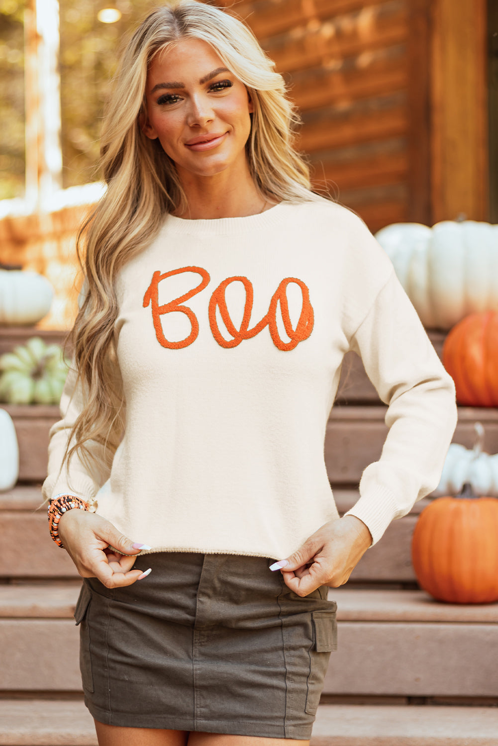 Boo Knitted Pattern Ribbed Edge Sweater Threaded Pear