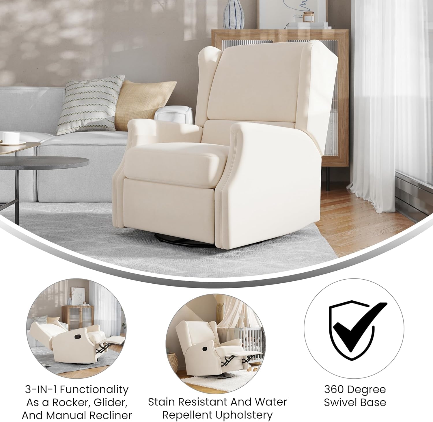 Omma Swivel Glider Rocking Recliner Cream Upholstered 3In1 ShipItFurniture