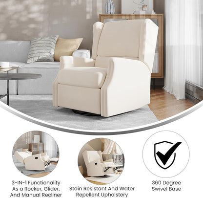 Omma Swivel Glider Rocking Recliner Cream Upholstered 3In1 ShipItFurniture