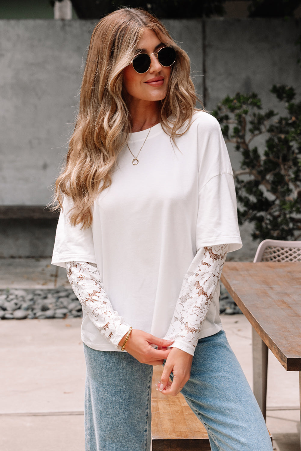 Hallie Lace Long Sleeve Insert Drop Shoulder Top Threaded Pear