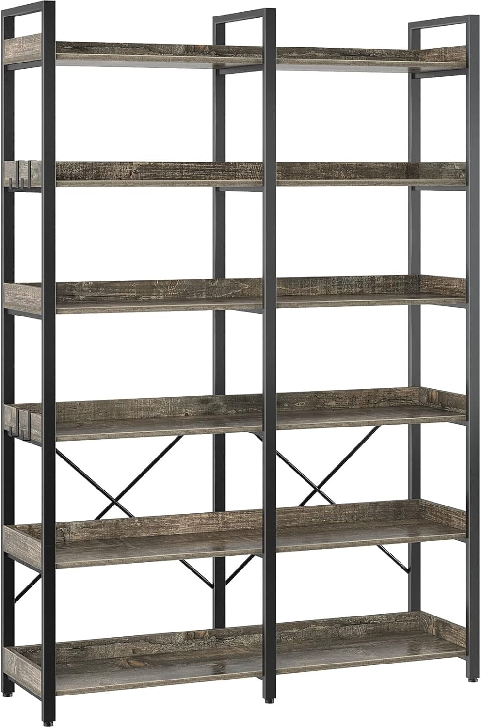 67 Inch Gray Industrial 6 Shelf Bookcase With Hooks ShipItFurniture
