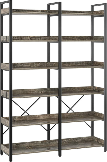 67 Inch Gray Industrial 6 Shelf Bookcase With Hooks ShipItFurniture