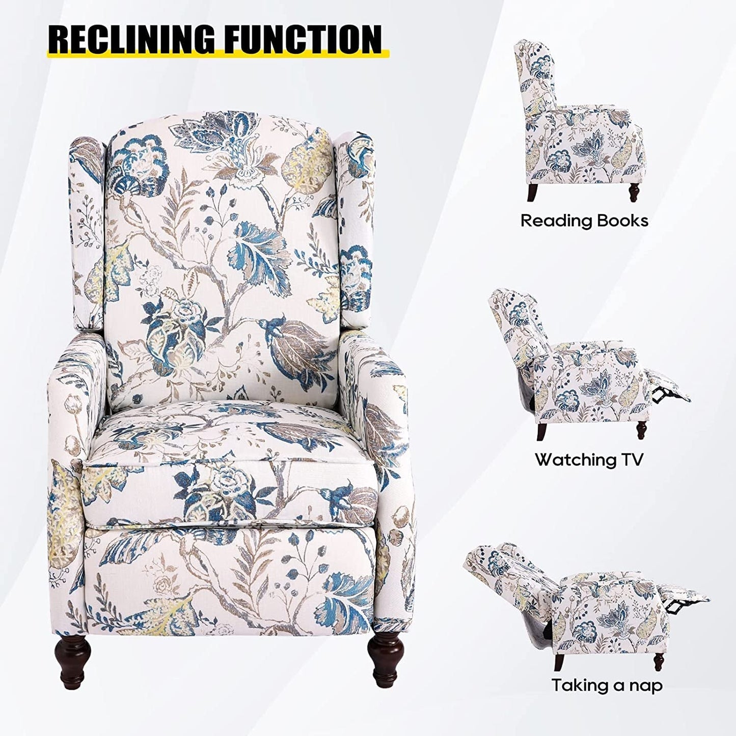 Upholstered Wingback Recliner Chair Blue Floral Elegant ShipItFurniture