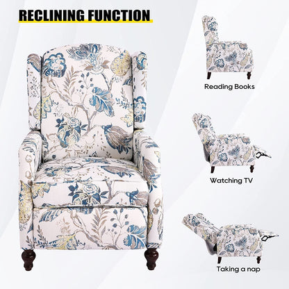 Upholstered Wingback Recliner Chair Blue Floral Elegant ShipItFurniture