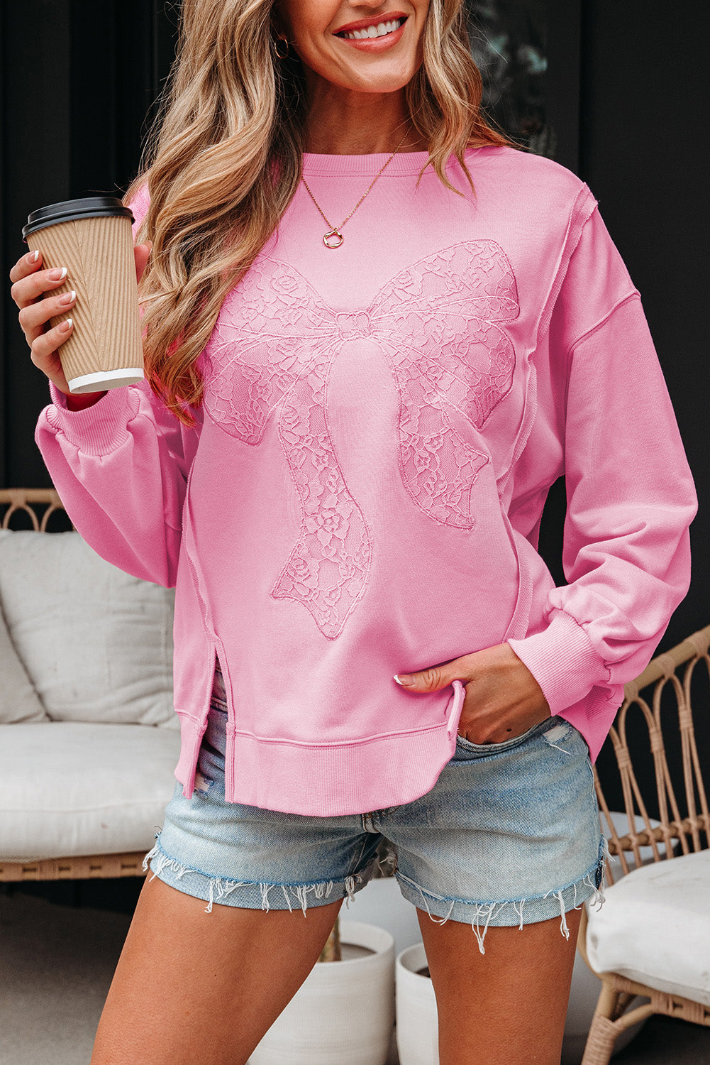 Brianna Lace Bow Embroidered Exposed Seam Sweatshirt Threaded Pear
