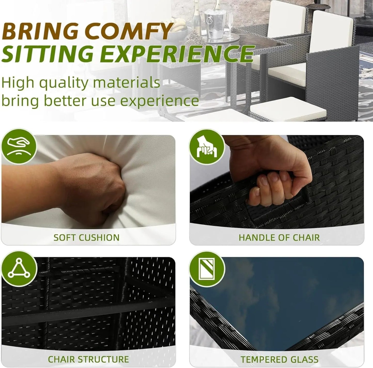 9 Pieces Patio Dining Sets Outdoor Conversation Sets, Space Saving Wicker Chairs with Glass Table and Ottomans, Cushioned Seating and Back Sectional Dining Sets(Bk-Wh)-3