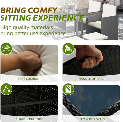 9 Pieces Patio Dining Sets Outdoor Conversation Sets, Space Saving Wicker Chairs with Glass Table and Ottomans, Cushioned Seating and Back Sectional Dining Sets(Bk-Wh)-3