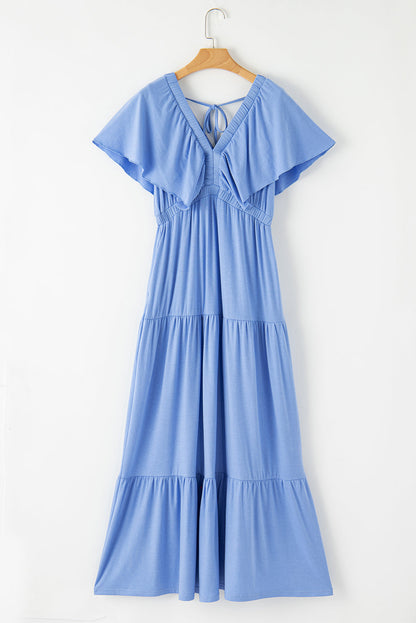 Kelsey Textured Flutter Sleeve Ruffled Maxi Dress