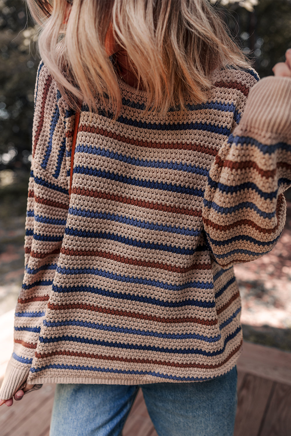 Emery Striped Knitted Drop Shoulder Round Neck Sweater Threaded Pear