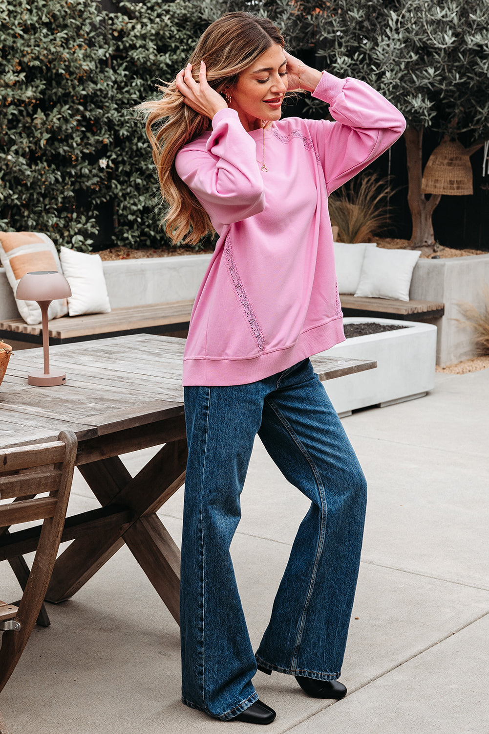 Lilah Lace Patched Raglan Sleeve Loose Fit Sweatshirt Threaded Pear