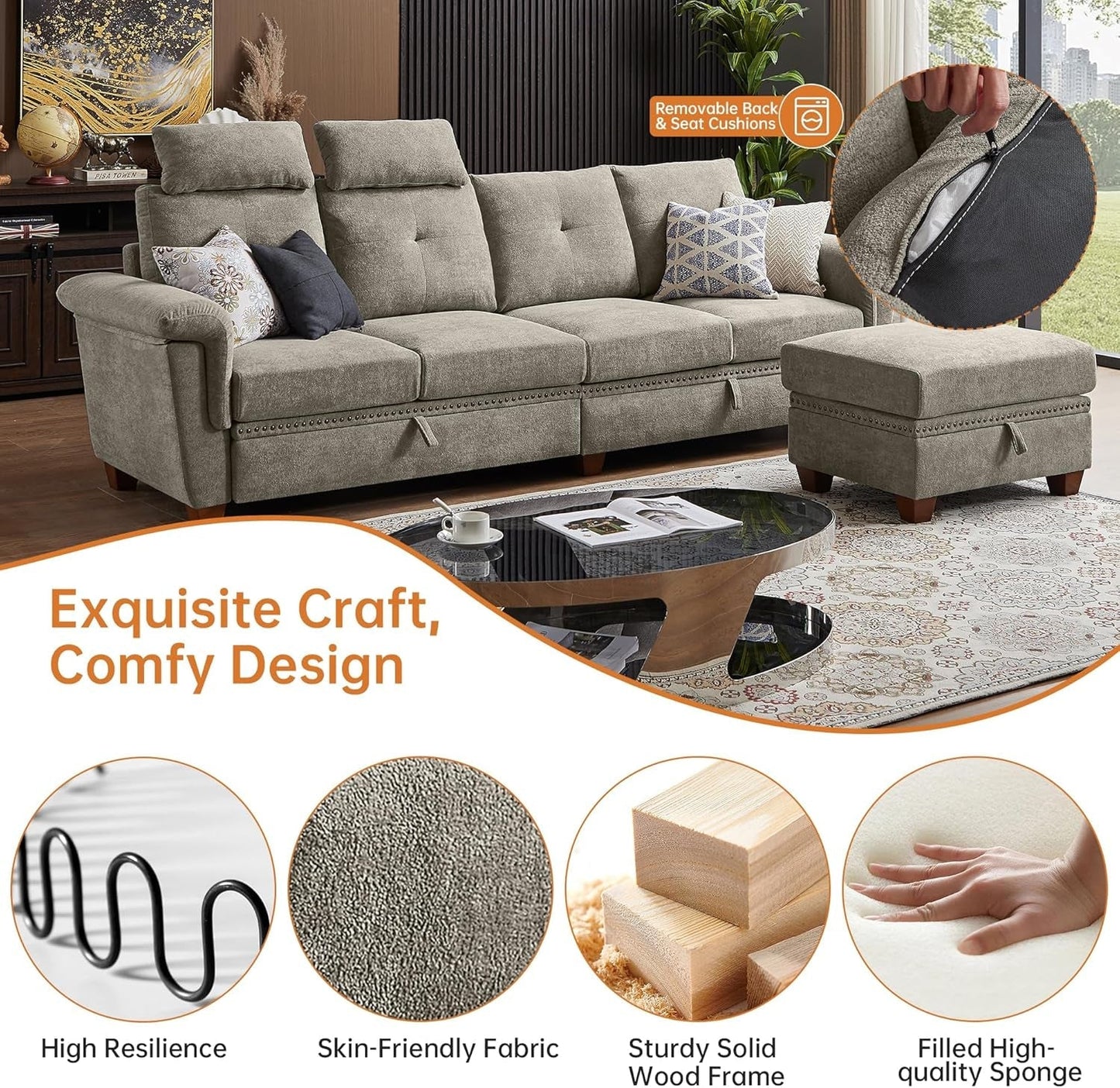 Convertible Sectional Sofa With Storage Beige Microfiber ShipItFurniture