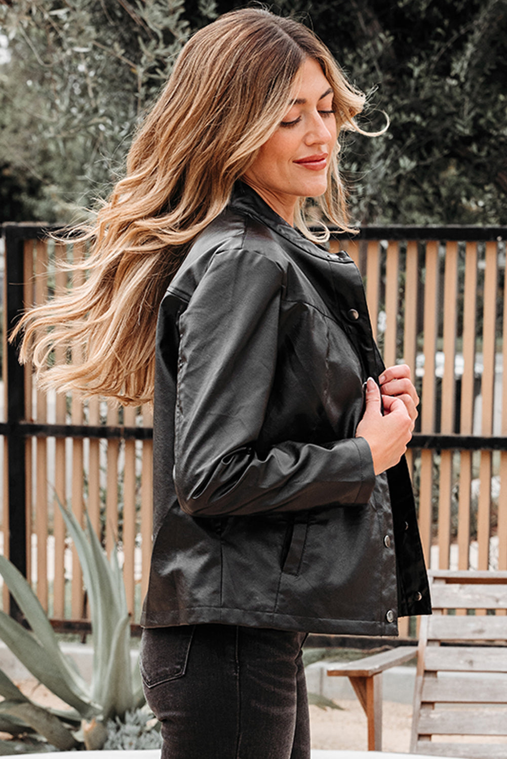 Olive Faux Leather Buttoned Front Boxy Jacket Threaded Pear