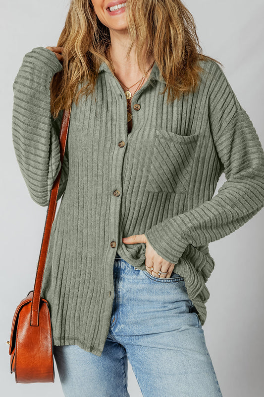 Lucia Ribbed Texture Button Up Shacket Threaded Pear